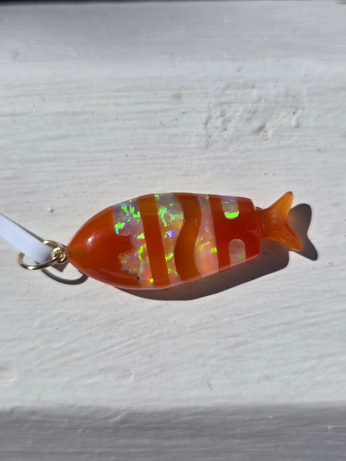 Orange Onyx, Opal 14k Gold Fish Pendant