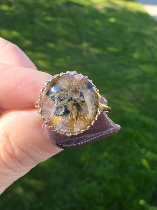 14K Gold Star Rutilated Quartz Cabochon Ring – Antique Style Beaded Statement