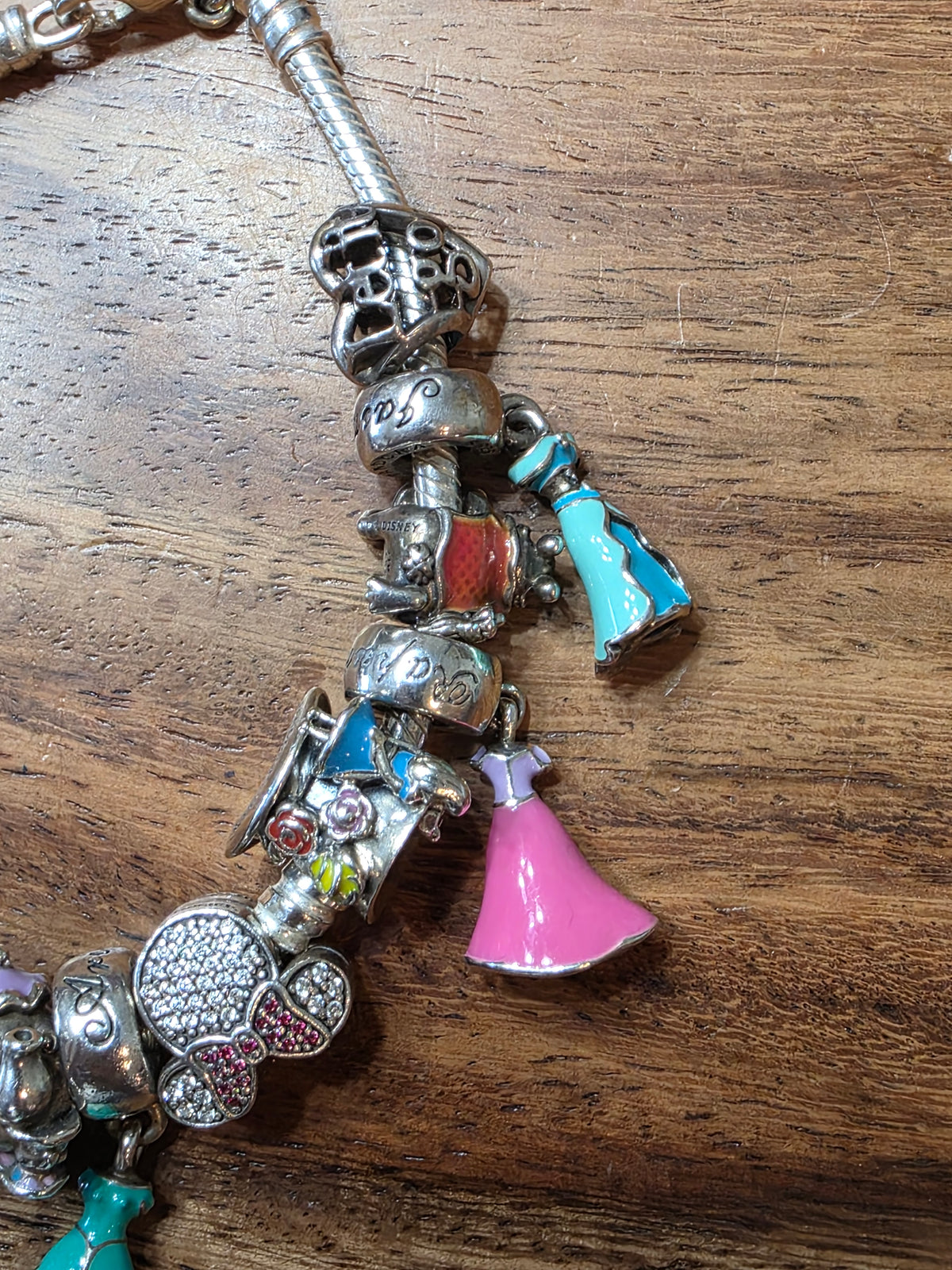 Authentic Pandora Disney Princess Charm Bracelet - 17 Charms Inc. 7 Dresses, 925