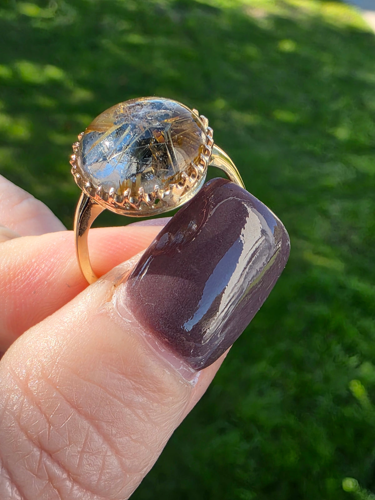14K Gold Star Rutilated Quartz Cabochon Ring – Antique Style Beaded Statement