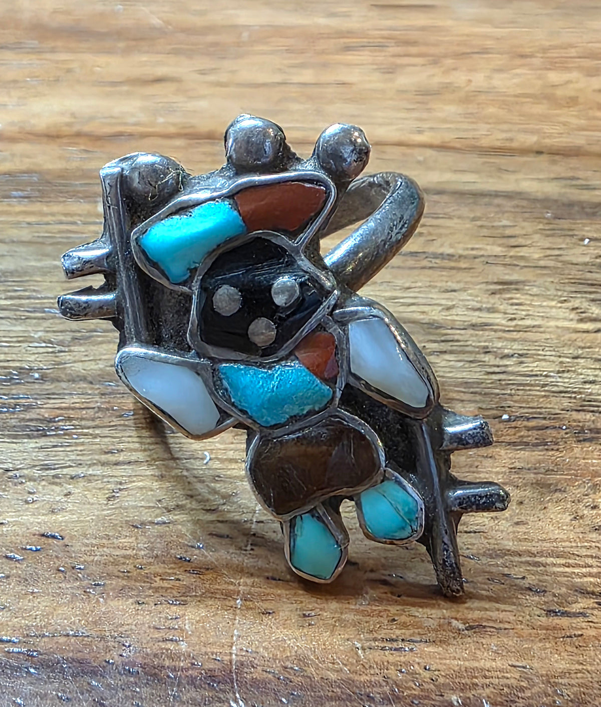 Vintage Old Pawn Zuni Rainbow Dancer Kachina Multi-Stone Sterling Ring, Size 6