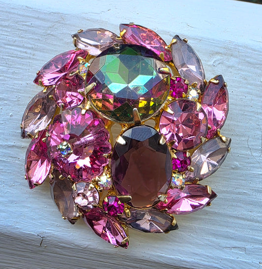 Vibrant Vintage Unsigned Pink Rhinestone Rivoli & Watermelon Brooch Pin