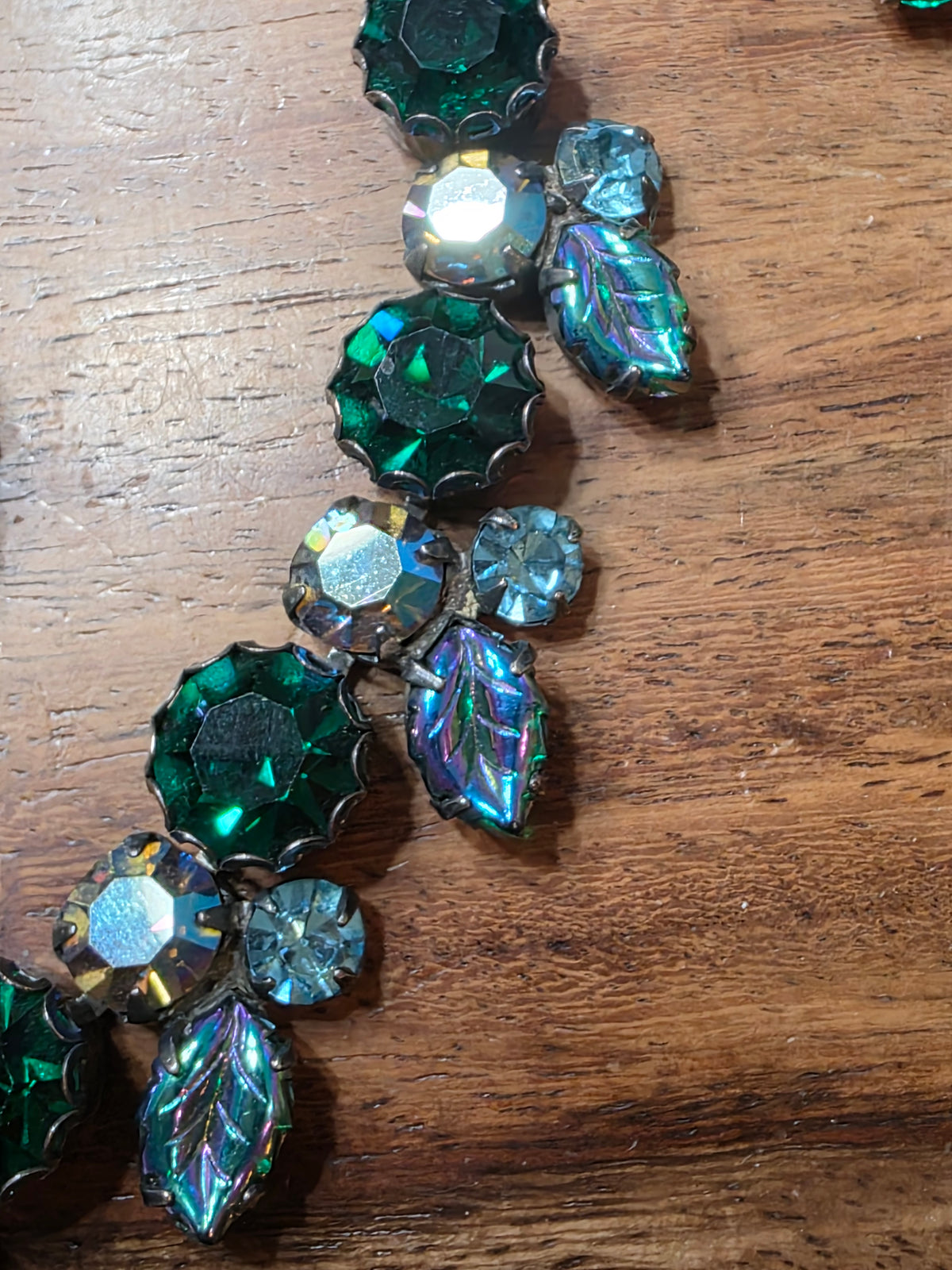 Vintage REGENCY Signed Green Molded Glass Leaf Rhinestone Necklace Bracelet Earring