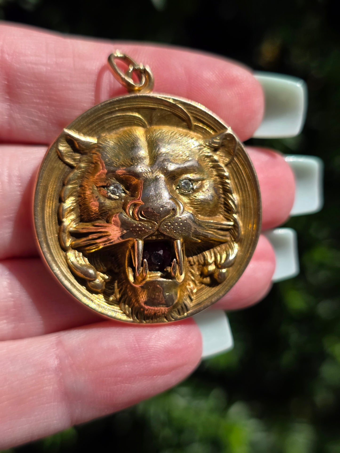 Large Antique 10k Gold Roaring Lion Locket with Diamonds and Garnet