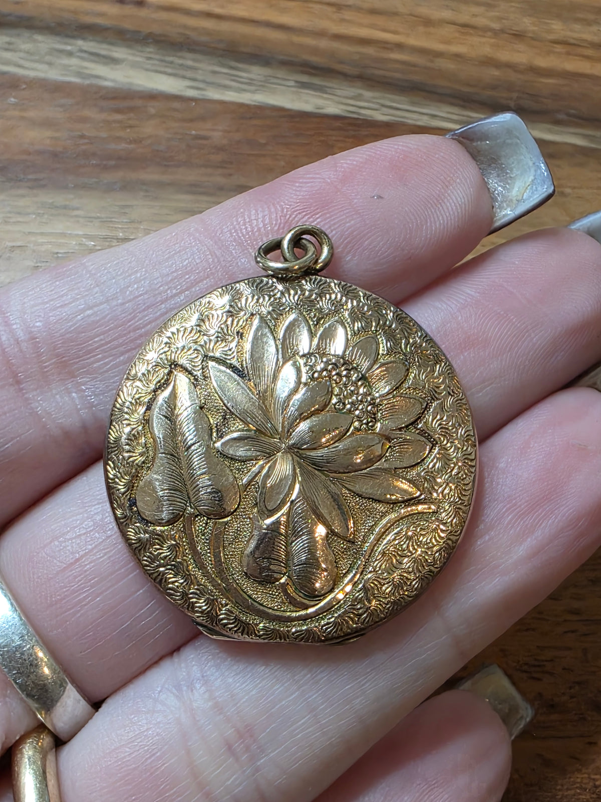 Antique Art Nouveau Gold Filled Repousse Locket Pendant Water Lily Flower c1900
