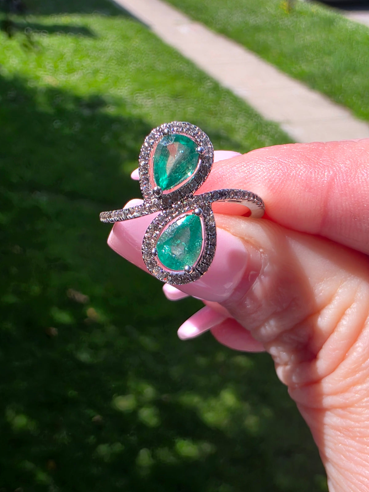 Sterling Silver Natural Emerald & Diamond Toi et Moi Ring