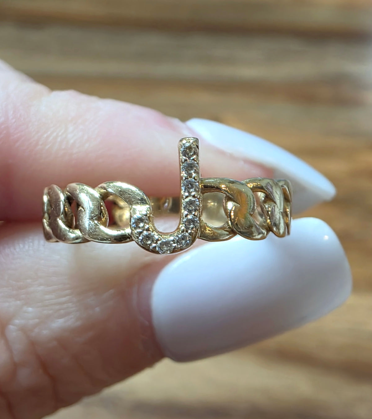 Vintage 14k Gold Diamond "J" Initial Cuban Chain Link Ring, Size 7
