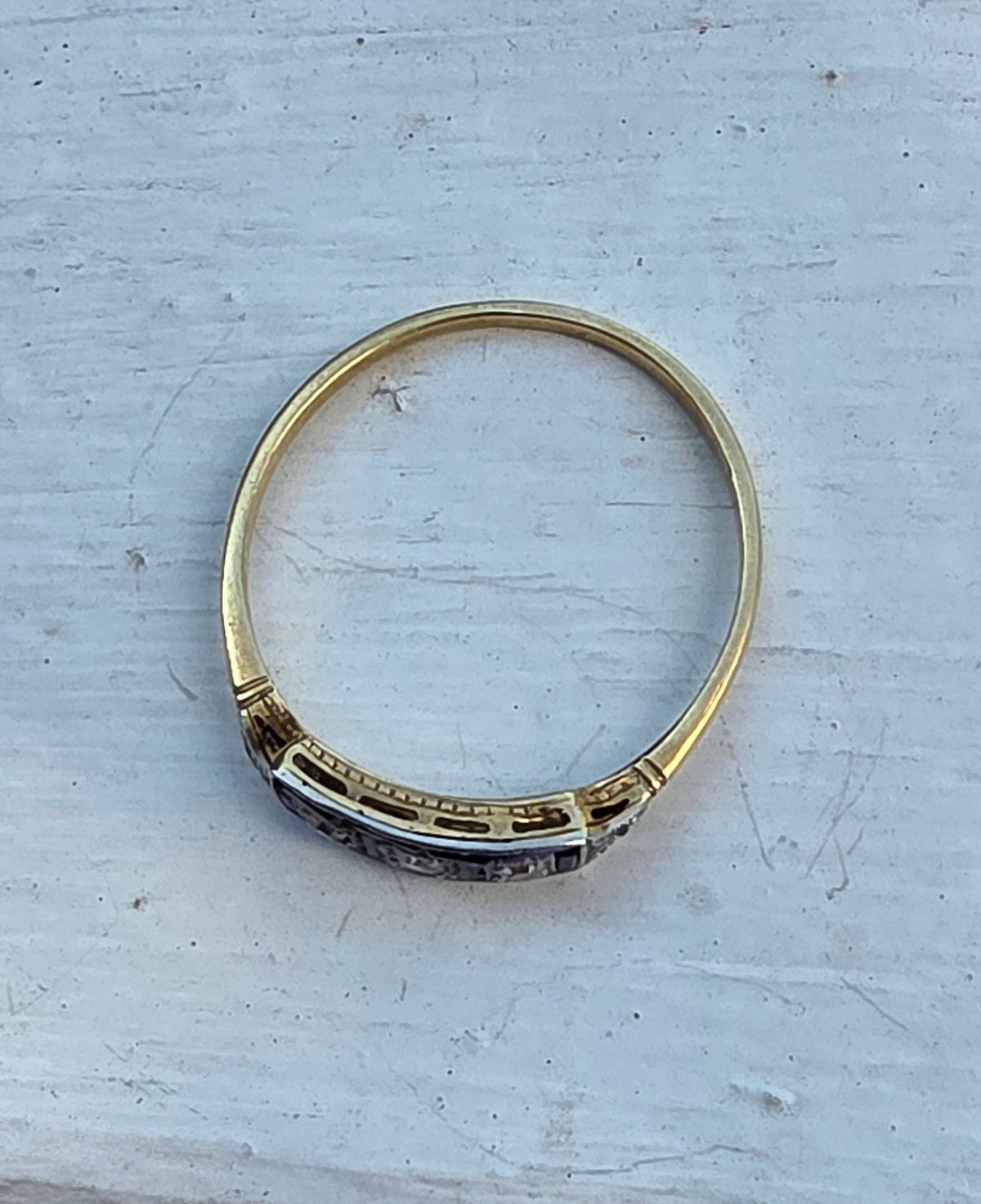 Antique Art Deco 18K Gold & Platinum Diamond and Synthetic Sapphire Panel Ring