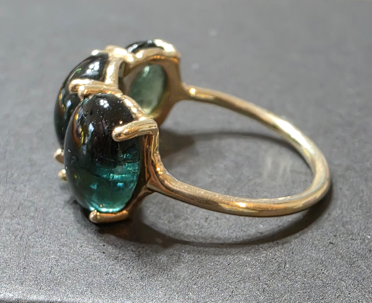 Charlie & Marcelle 14k Gold Small Gumdrop 3-Stone Green Tourmaline Cabochon Ring