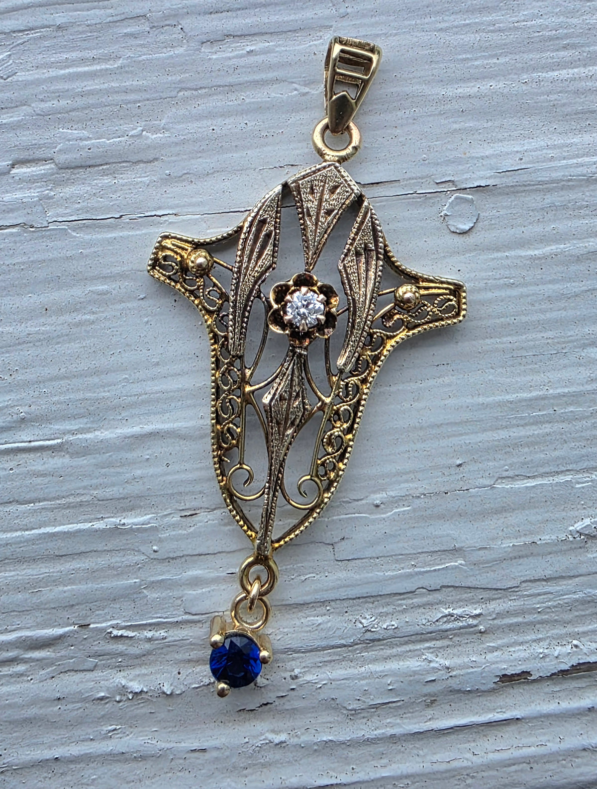 Antique Edwardian 10k Two Tone Gold Filigree Diamond & Sapphire Lavalier Pendant