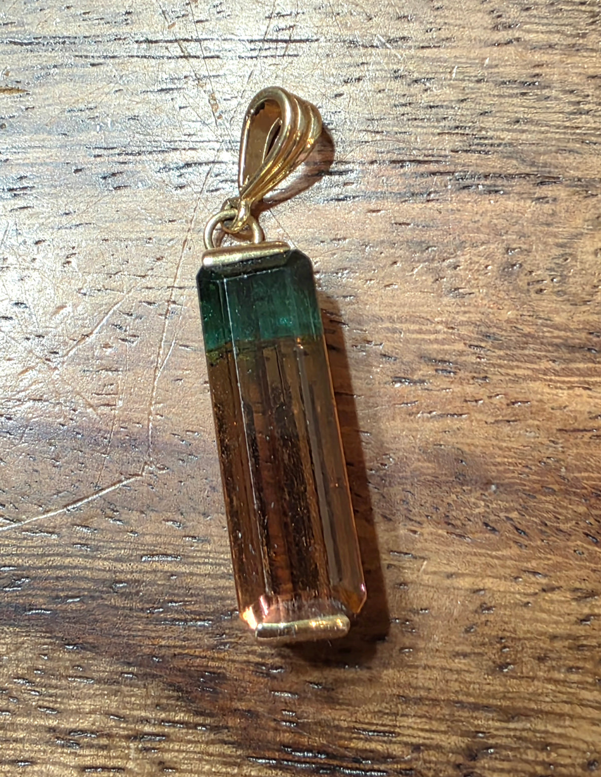 14k Yellow Gold Natural Watermelon Tourmaline Pendant Bi-Color Crystal