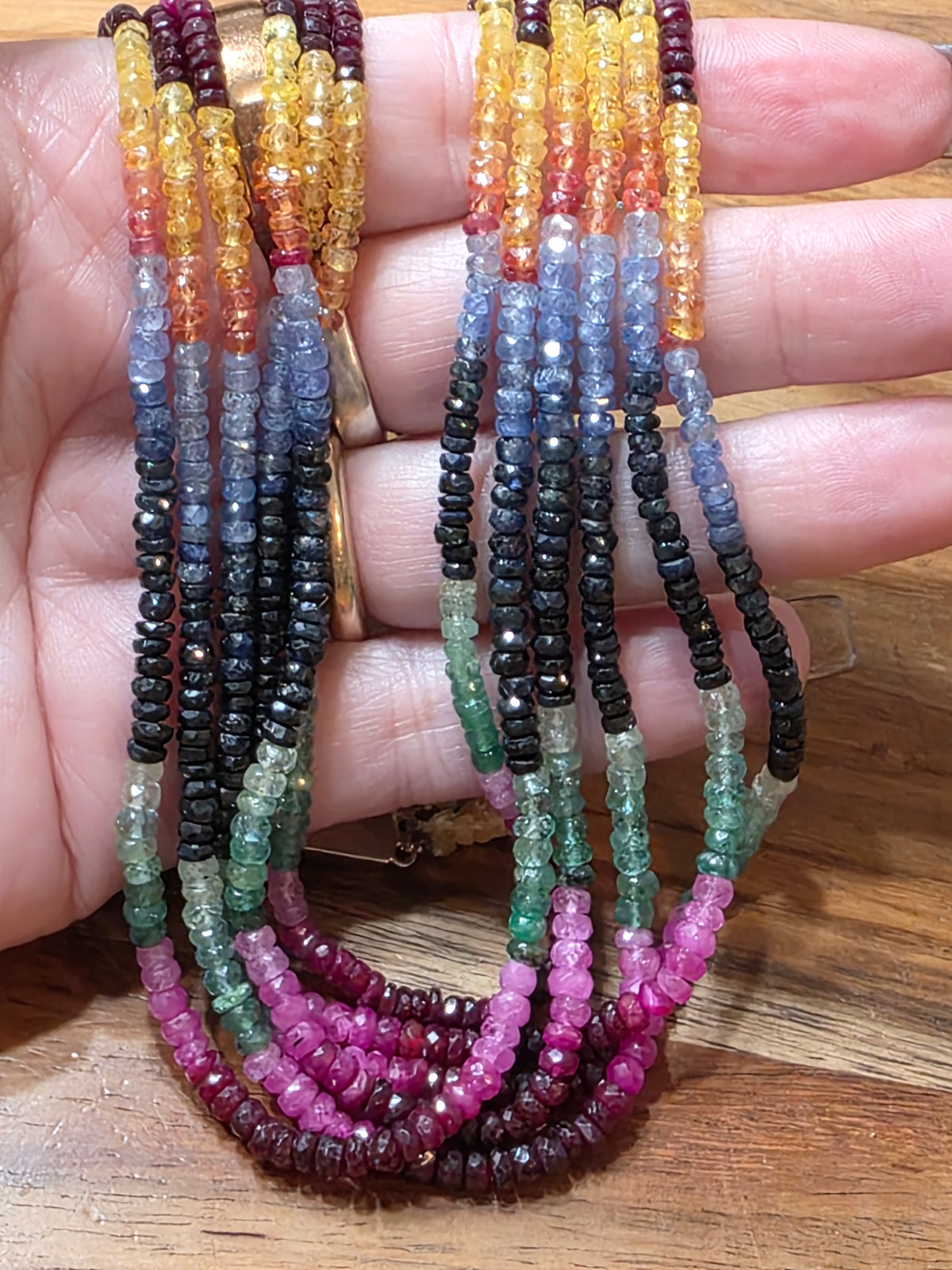 6-Strand Natural Sapphire Emerald & Ruby Faceted Bead Necklace Gold-Plated Clasp