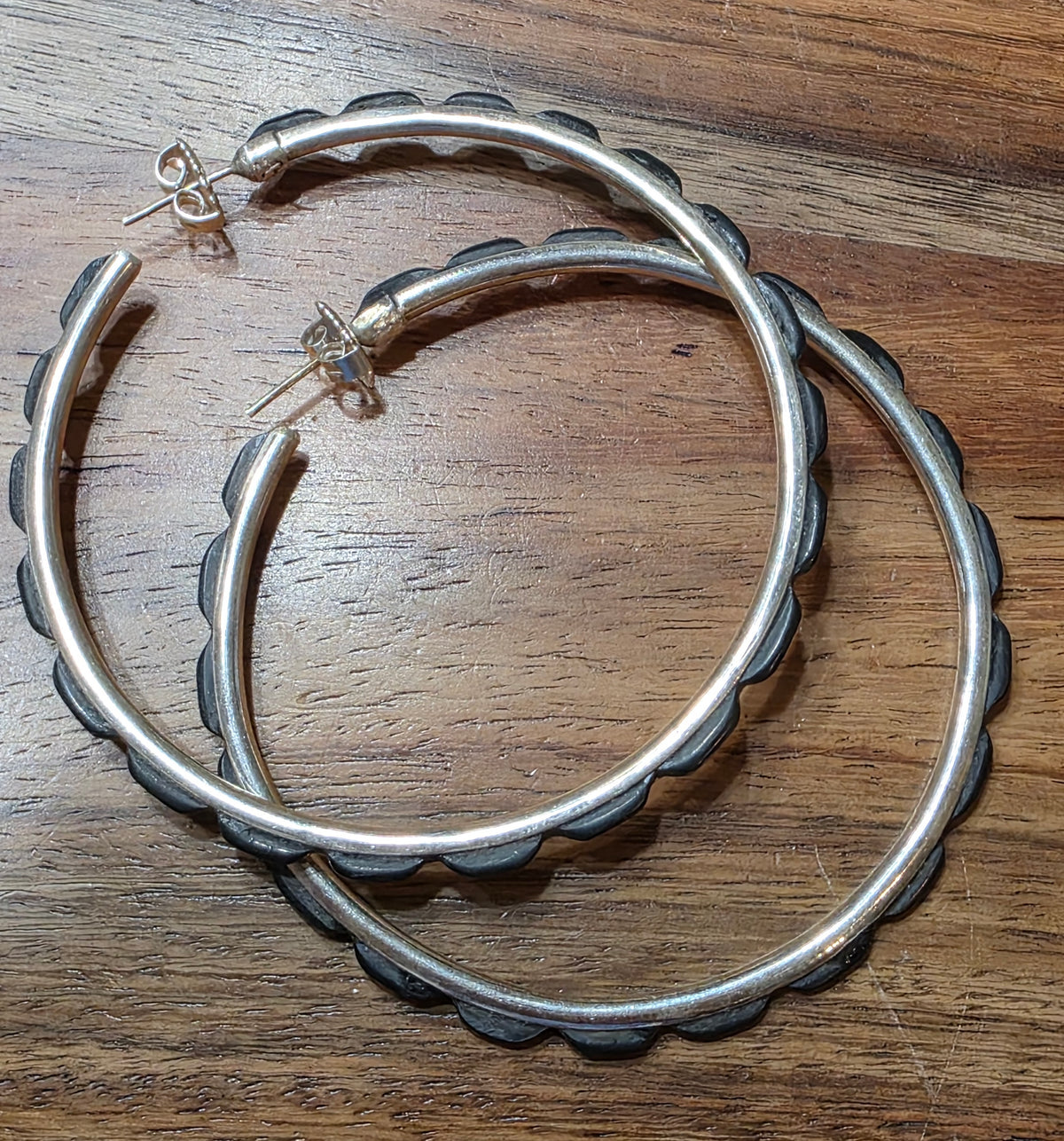 Large Federico Jimenez Sterling Silver Black Onyx Hoop Earrings 2 7/8"