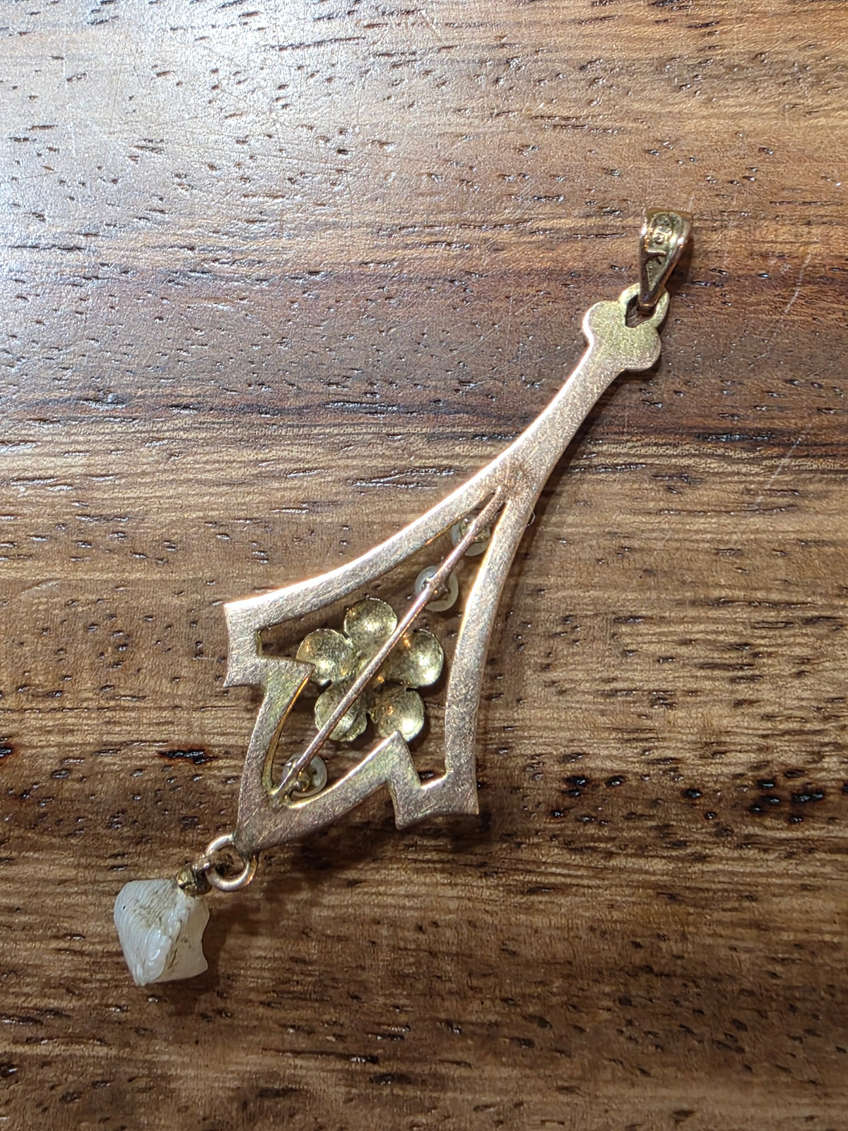 Antique Art Nouveau 10k Gold Lavalier Pendant Sapphire & Dog Tooth Pearl Drop