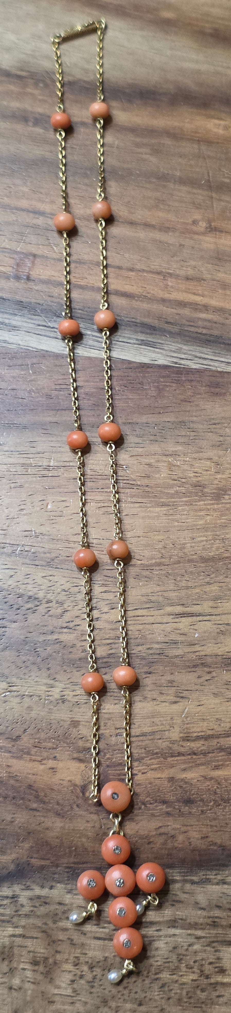 Antique Victorian 18K Gold Coral Diamond Seed Pearl Cross Pendant Necklace