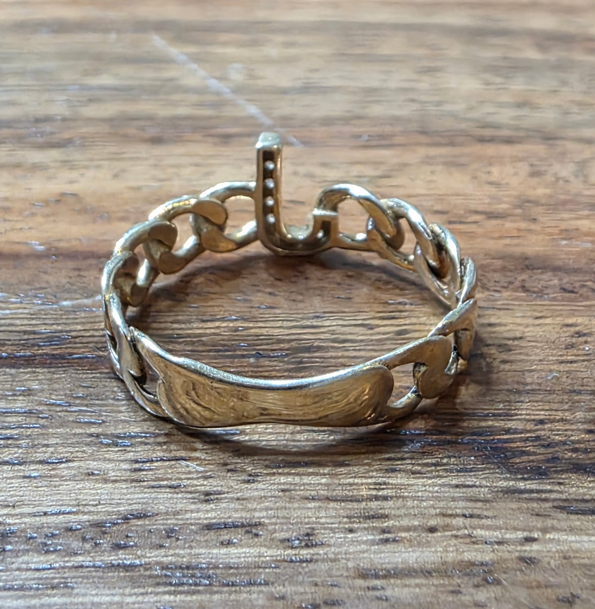 Vintage 14k Gold Diamond "J" Initial Cuban Chain Link Ring, Size 7