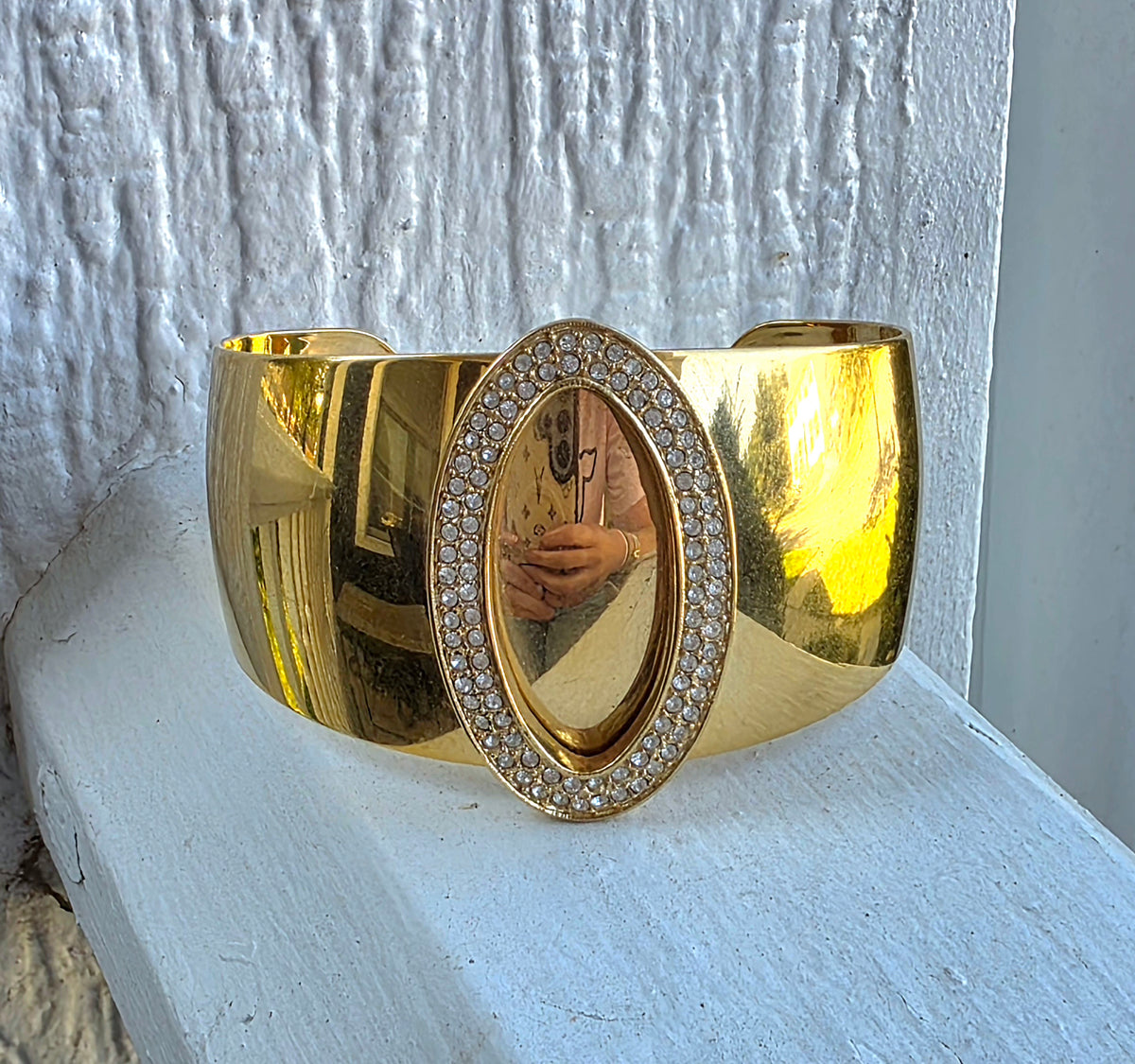 Vintage NAPIER Gold Tone Wide Cuff Bracelet Oval Rhinestone Statement Signed