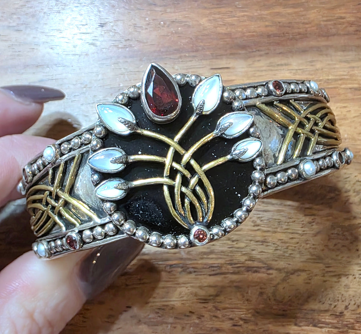 Echo of the Dreamer Sterling Silver Bronze Onyx Garnet Lily Cuff Bracelet