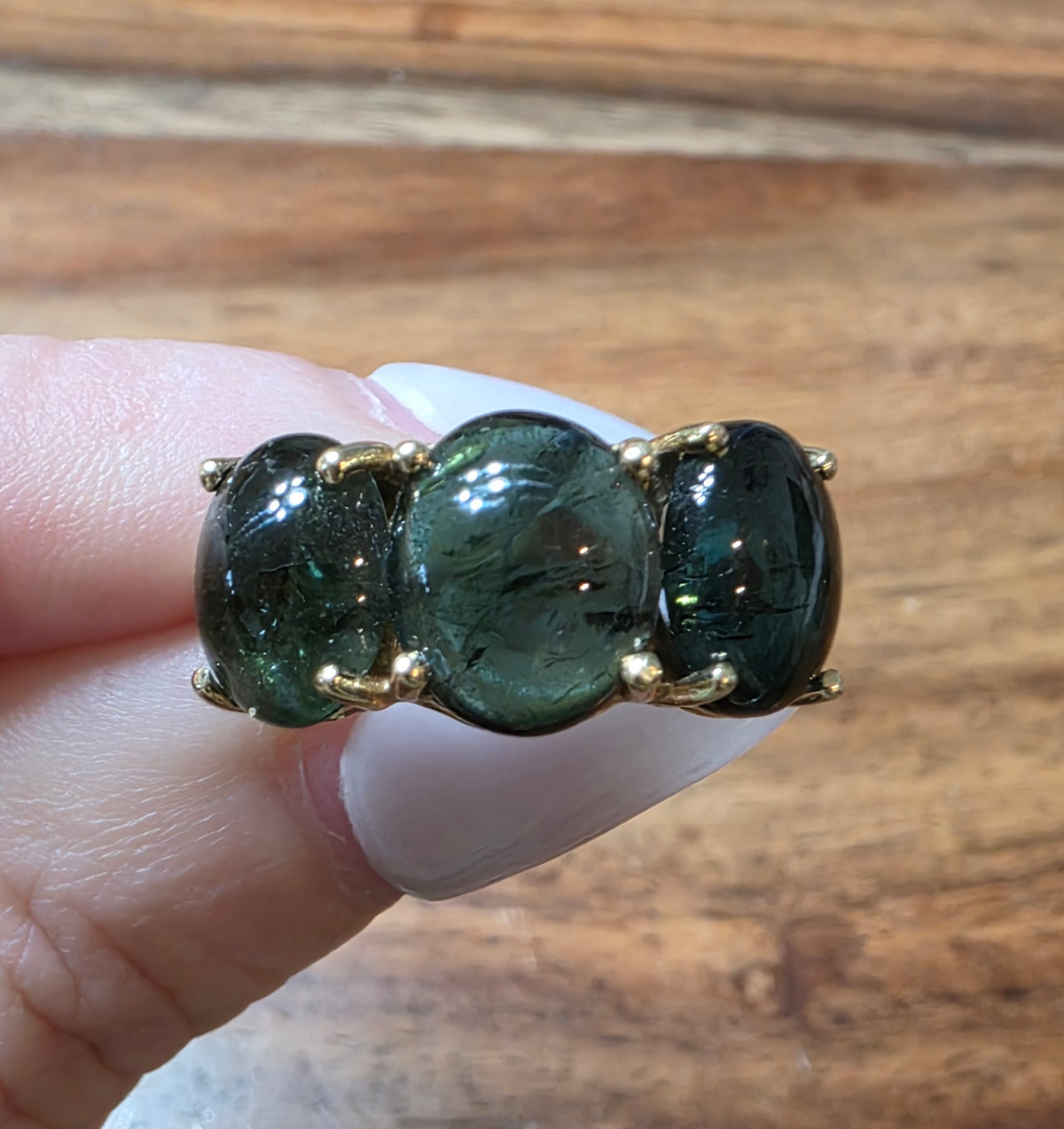 Charlie & Marcelle 14k Gold Small Gumdrop 3-Stone Green Tourmaline Cabochon Ring