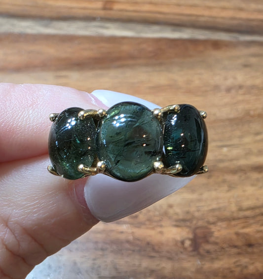 Charlie & Marcelle 14k Gold Small Gumdrop 3-Stone Green Tourmaline Cabochon Ring