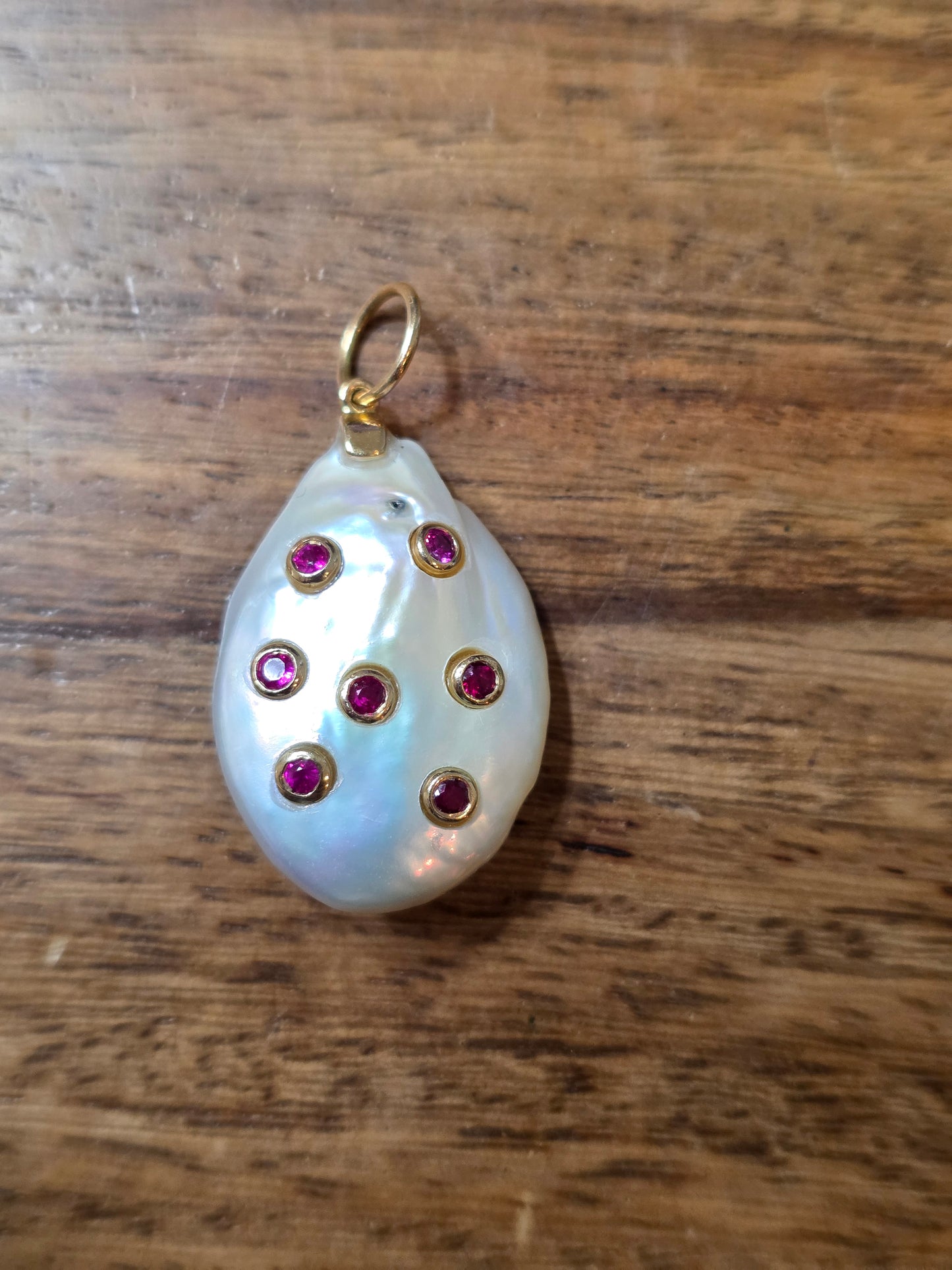 Unique 14k Gold Ruby & Pearl Pendant