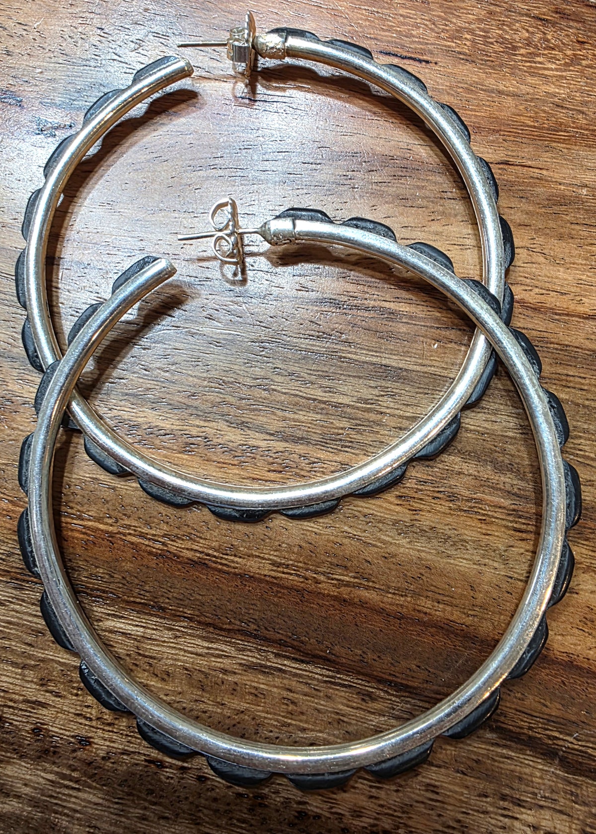 Large Federico Jimenez Sterling Silver Black Onyx Hoop Earrings 2 7/8"