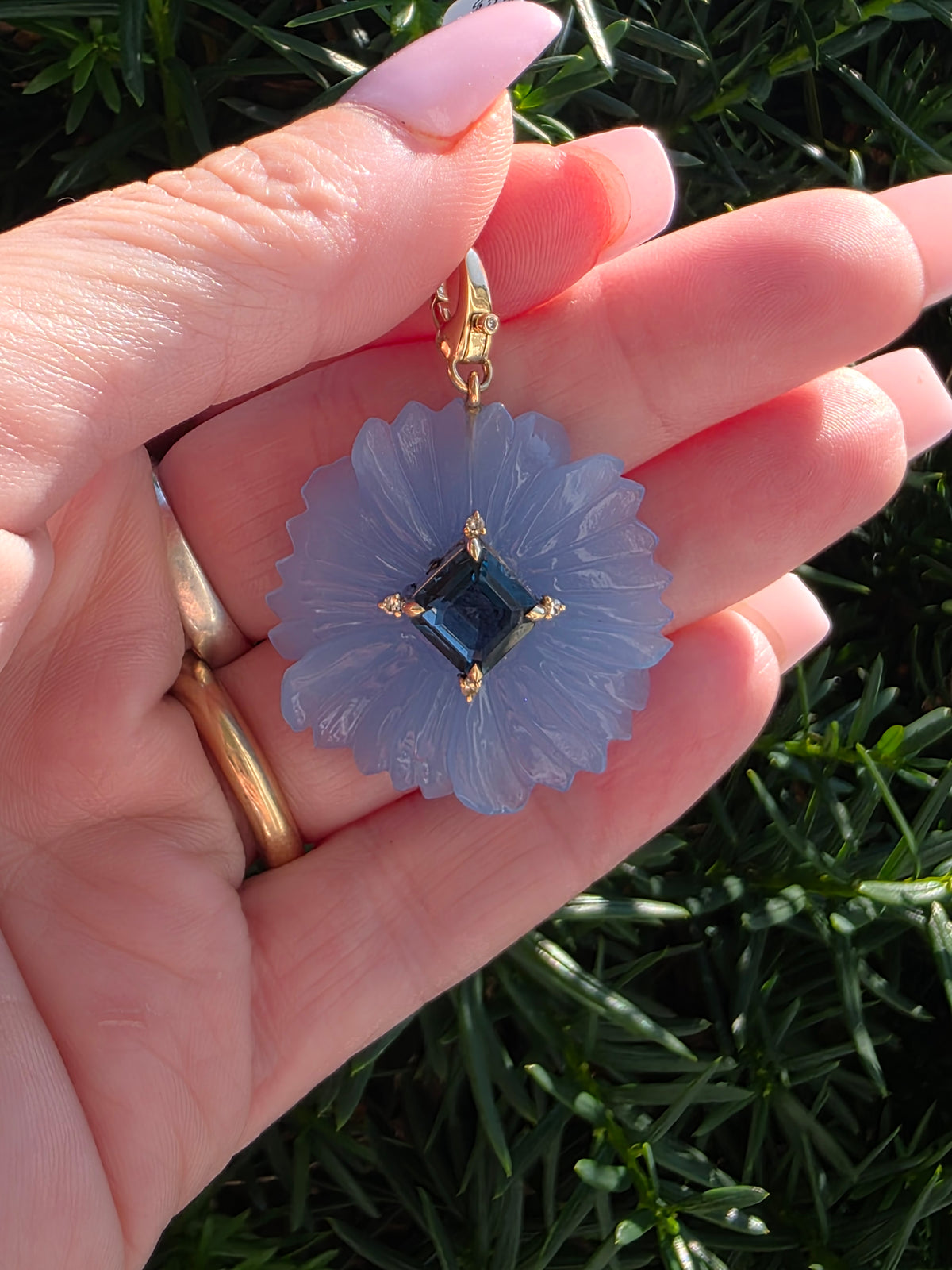 Chalcedony & London Blue Topaz Carved Flower Pendant