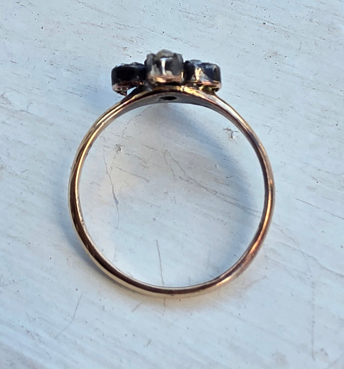 Antique 14K Gold & Silver Fleur-de-Lis Ring with Rose Cut Diamonds, Size 7