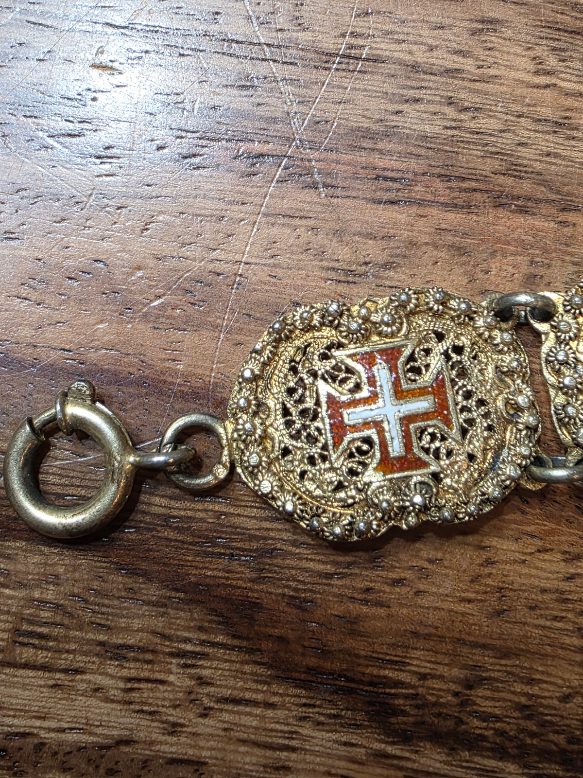 Antique Portuguese .833 Silver Vermeil Filigree Bracelet Order of Christ Enamel