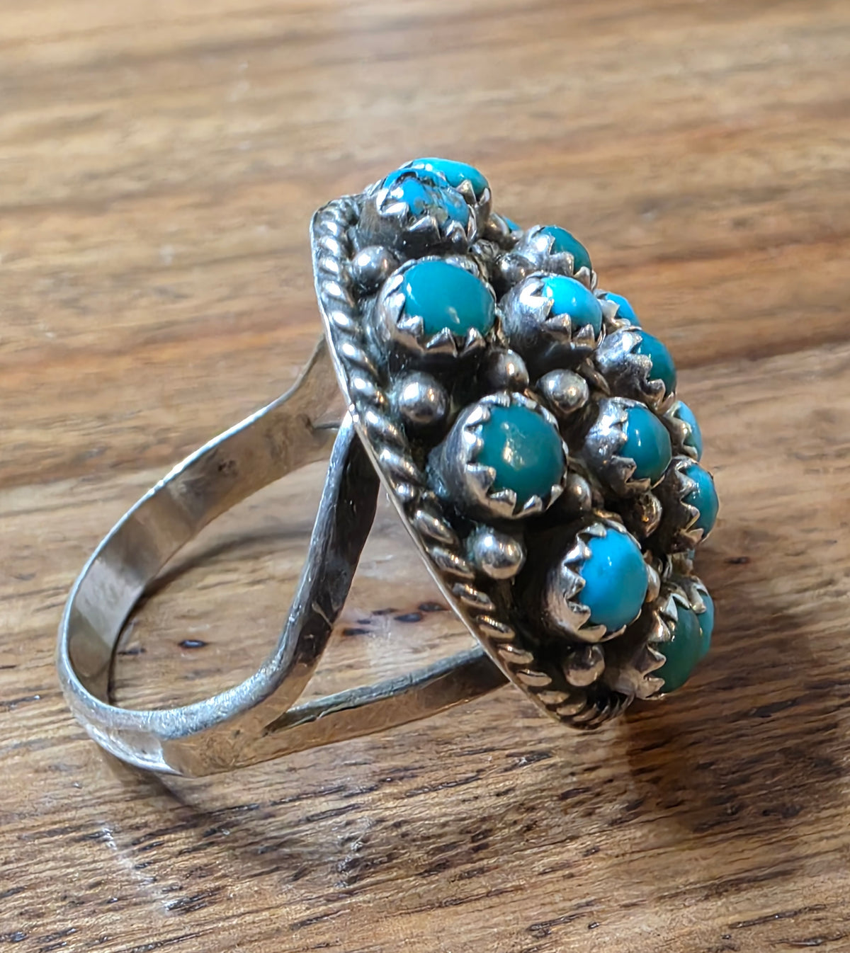 Vintage Zuni Weebothee Sterling Silver Turquoise Snake Eye Cluster Dome Ring