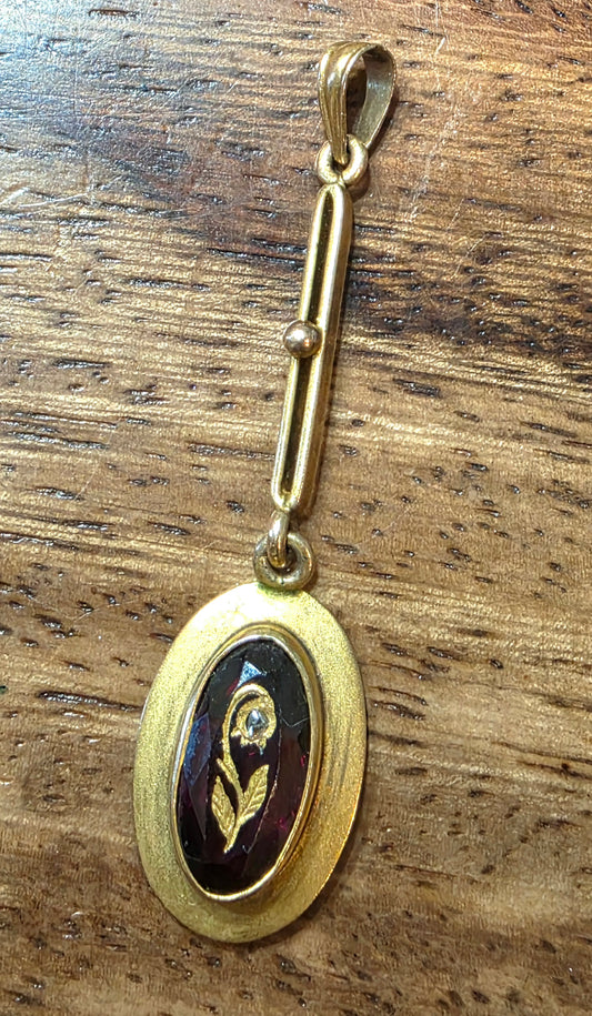 Antique 10k Gold Rhodolite Garnet Rose Cut Diamond Rose Of Sharon Lavalier