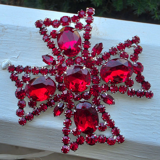 Large Vintage Juliana D&E Riche Cherry Red Maltese Cross Brooch Pendant