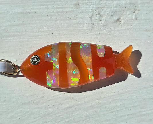 Orange Onyx, Opal 14k Gold Fish Pendant