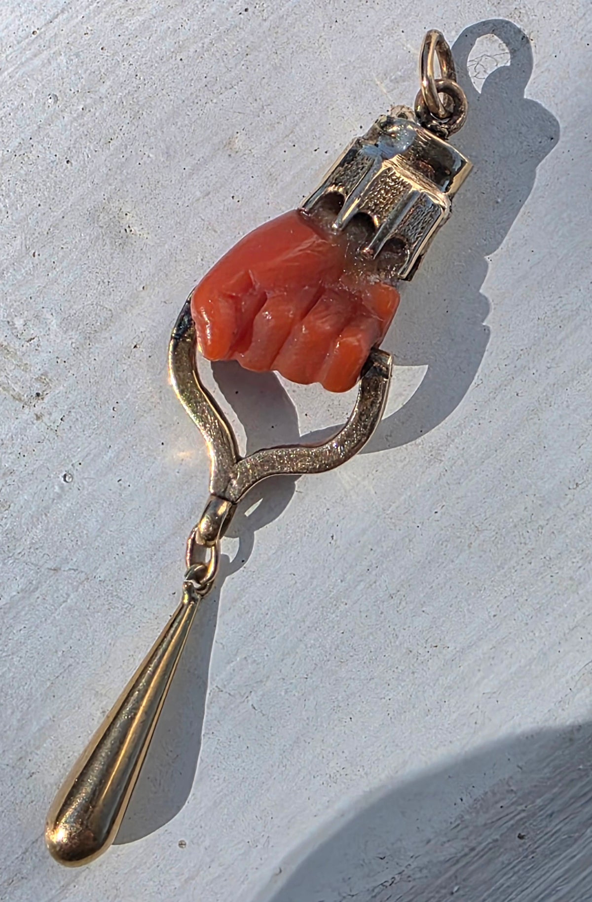 Antique Victorian 14K Gold Carved Coral Figa Fist Pendant Charm Talisman