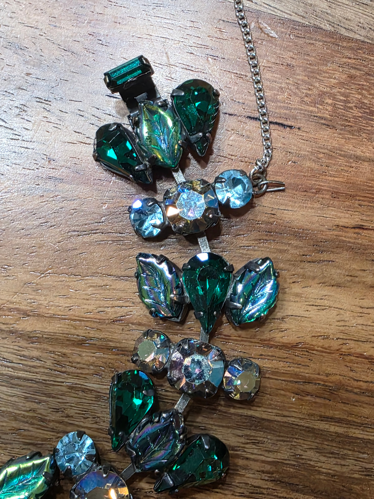 Vintage REGENCY Signed Green Molded Glass Leaf Rhinestone Necklace Bracelet Earring
