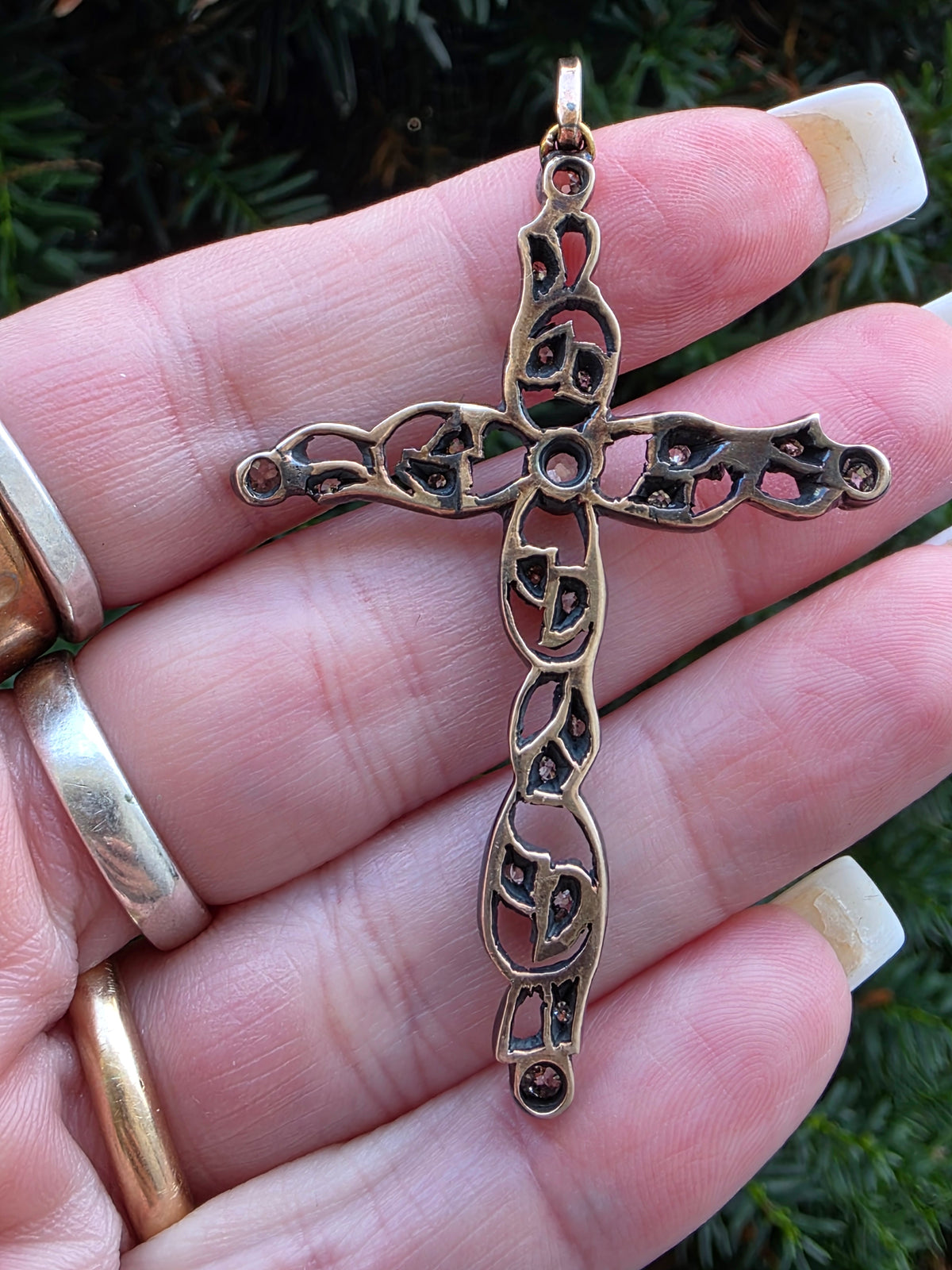 Antique Silver & Gold Rose Cut Diamond Cross Pendant