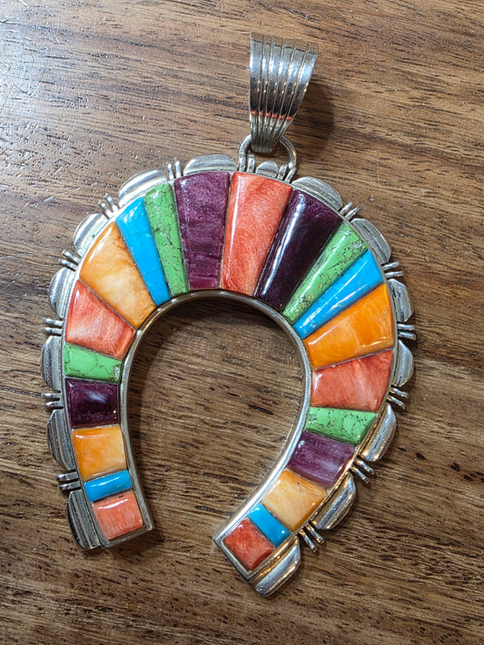 Signed Navajo Rick Tolino Sterling Silver Colorful Multi-Stone Naja Pendant
