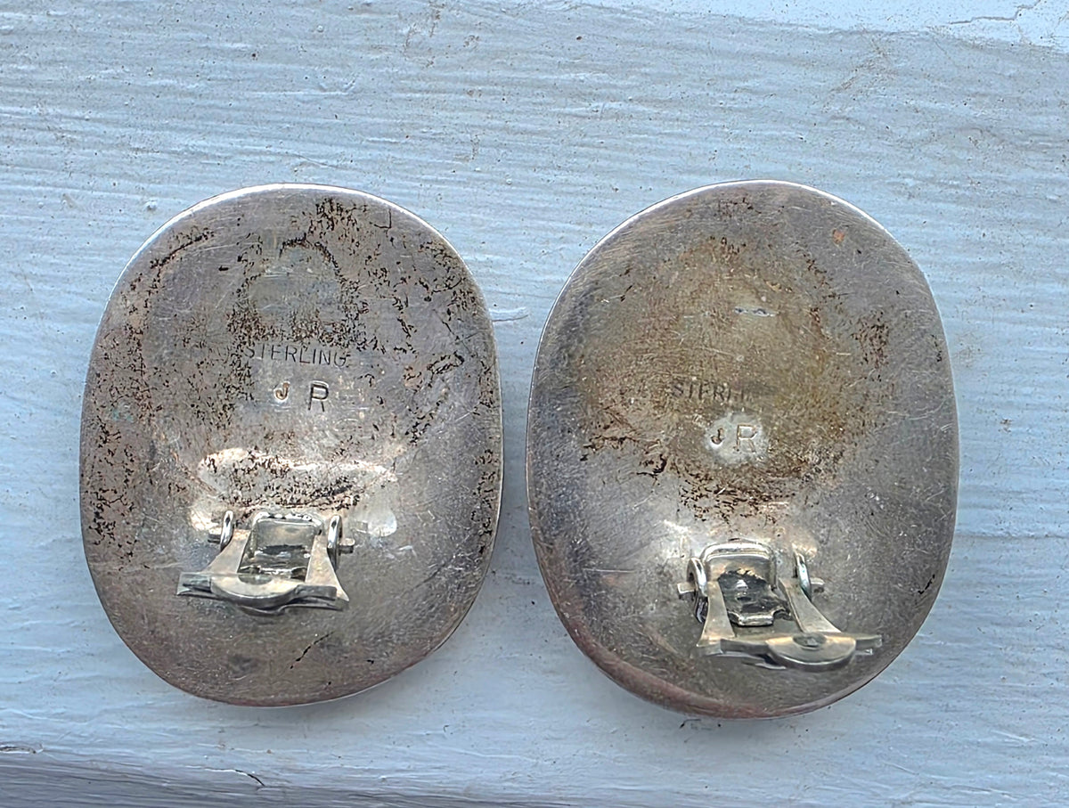Vintage Navajo "JR" Sterling Silver Morenci Turquoise Clip Earrings