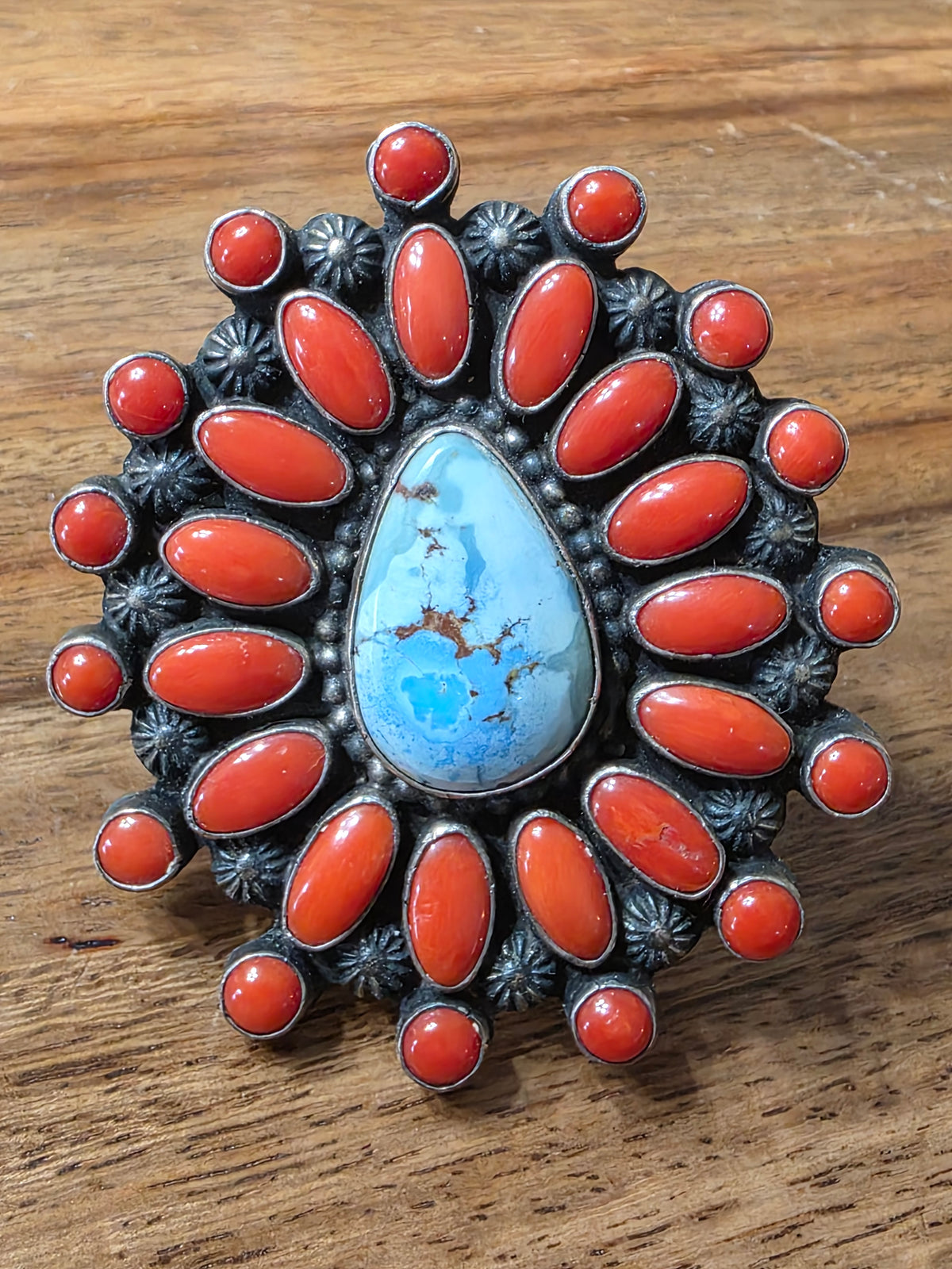 Shawn Cayatineto Navajo Golden Hills Turquoise & Red Coral Cluster Ring, Large