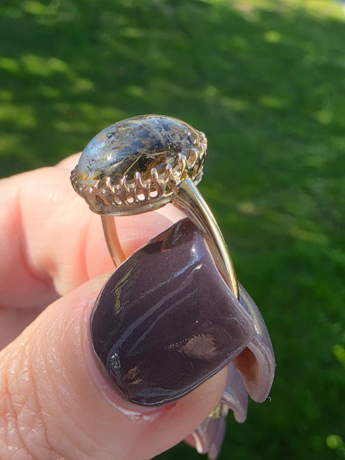 14K Gold Star Rutilated Quartz Cabochon Ring – Antique Style Beaded Statement