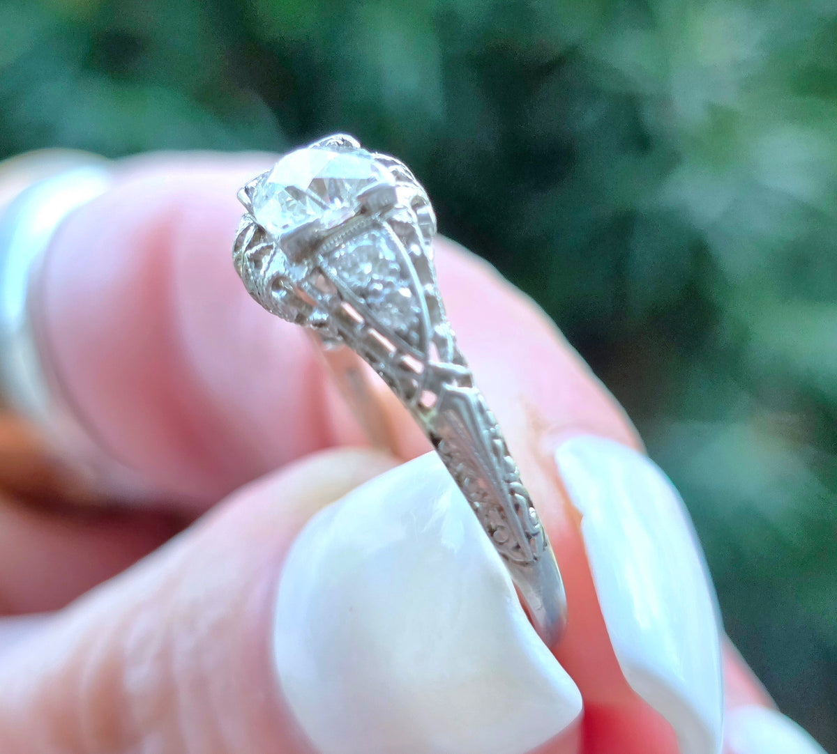Art Deco Platinum Diamond Filigree Ring, .76ctw