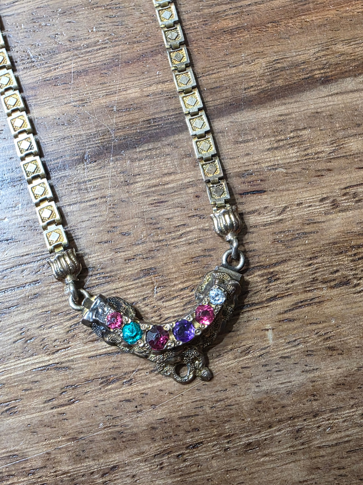 Antique Gold Filled Multi Color Paste Stone Book Chain Necklace