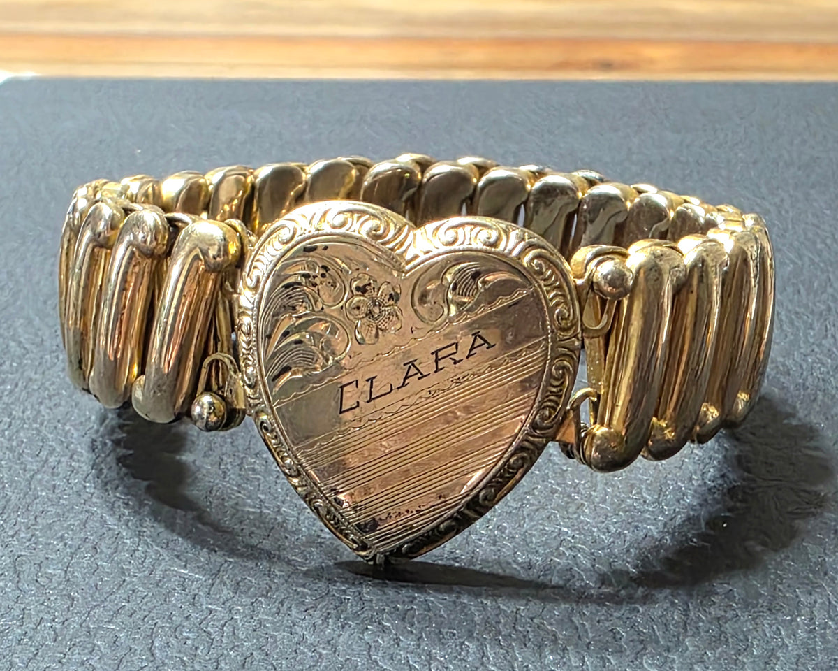 Vintage 1940s Sweetheart Expansion Bracelet With Heart Locket, Monogram "Clara"