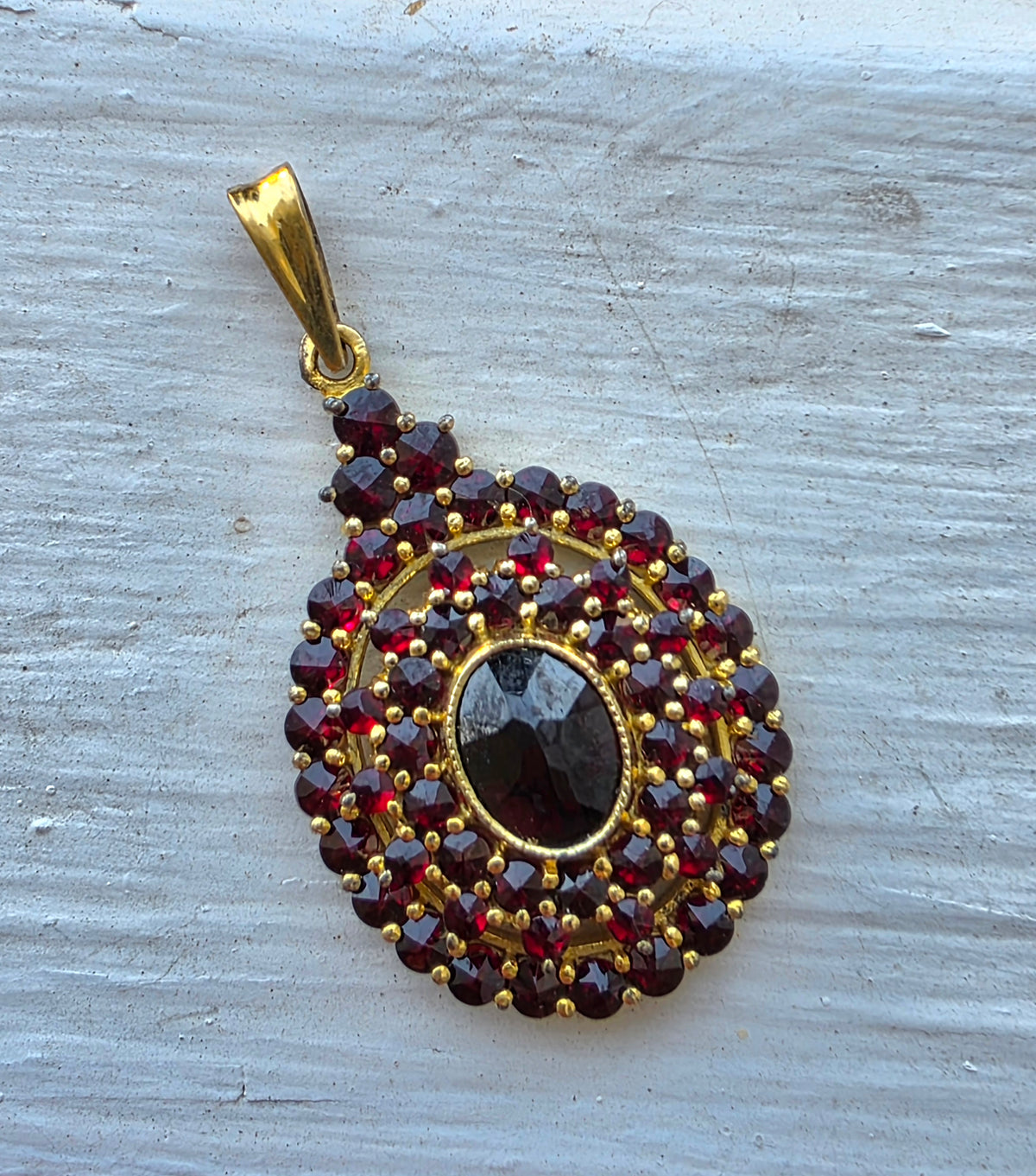Vintage Bohemian Garnet Cluster Pendant, 900 Silver Gold Vermeil, Czech Pyrope