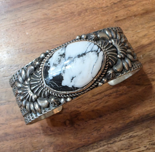 Navajo White Buffalo Wide Ornate Sterling Silver Cuff Bracelet Signed J.O. White