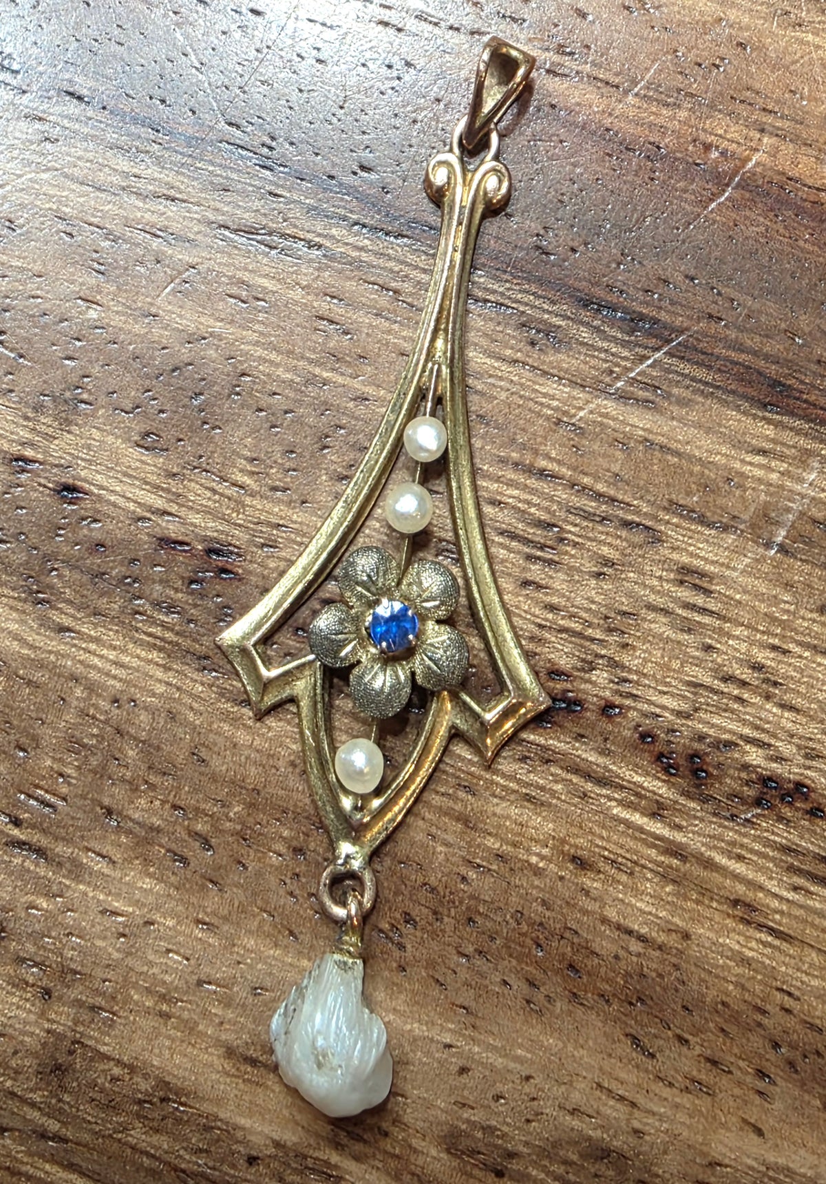 Antique Art Nouveau 10k Gold Lavalier Pendant Sapphire & Dog Tooth Pearl Drop