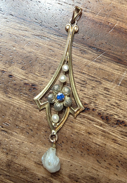 Antique Art Nouveau 10k Gold Lavalier Pendant Sapphire & Dog Tooth Pearl Drop