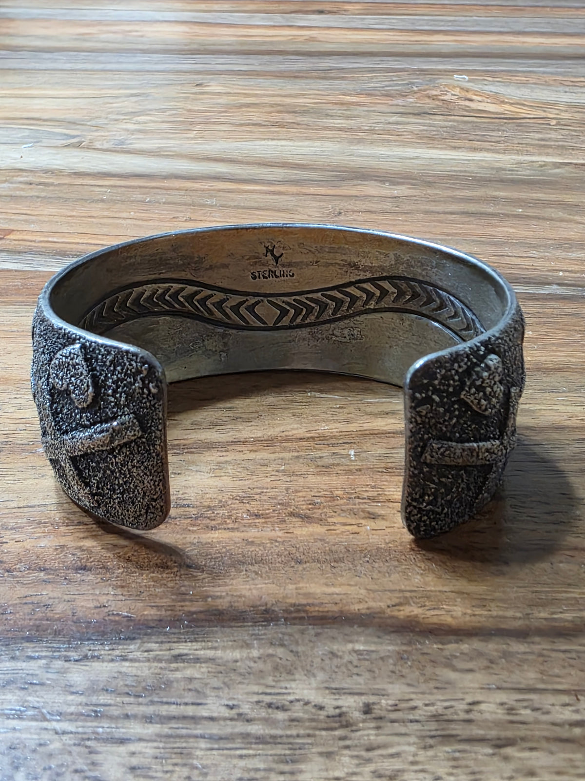 Navajo Tufa-Cast Sterling Silver Cross & Heart Cuff Bracelet, Henry Yazzie, 69g