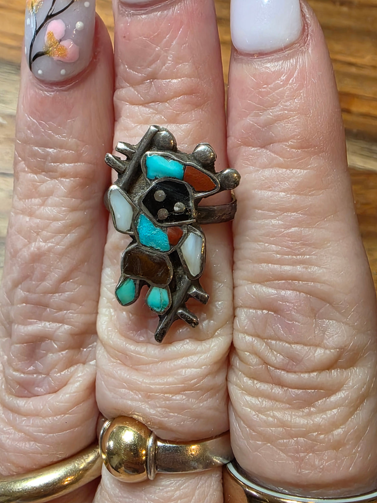 Vintage Old Pawn Zuni Rainbow Dancer Kachina Multi-Stone Sterling Ring, Size 6