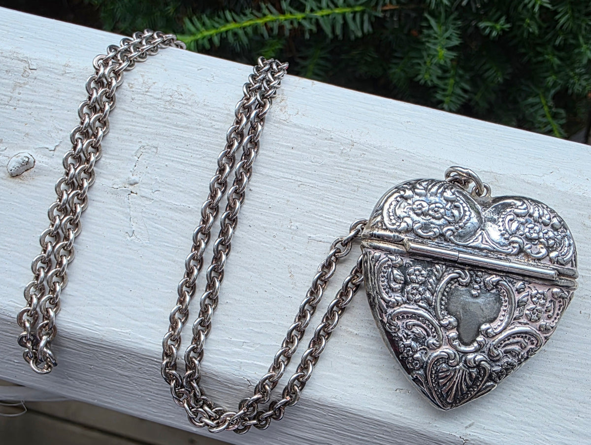Antique Sterling Silver Repousse Heart Vesta Pendant Necklace